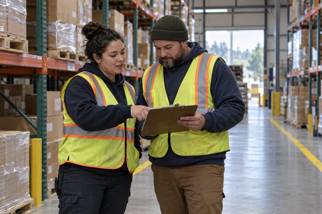 Warehouse workers reviewing a clipboard in a fictional distribution center.