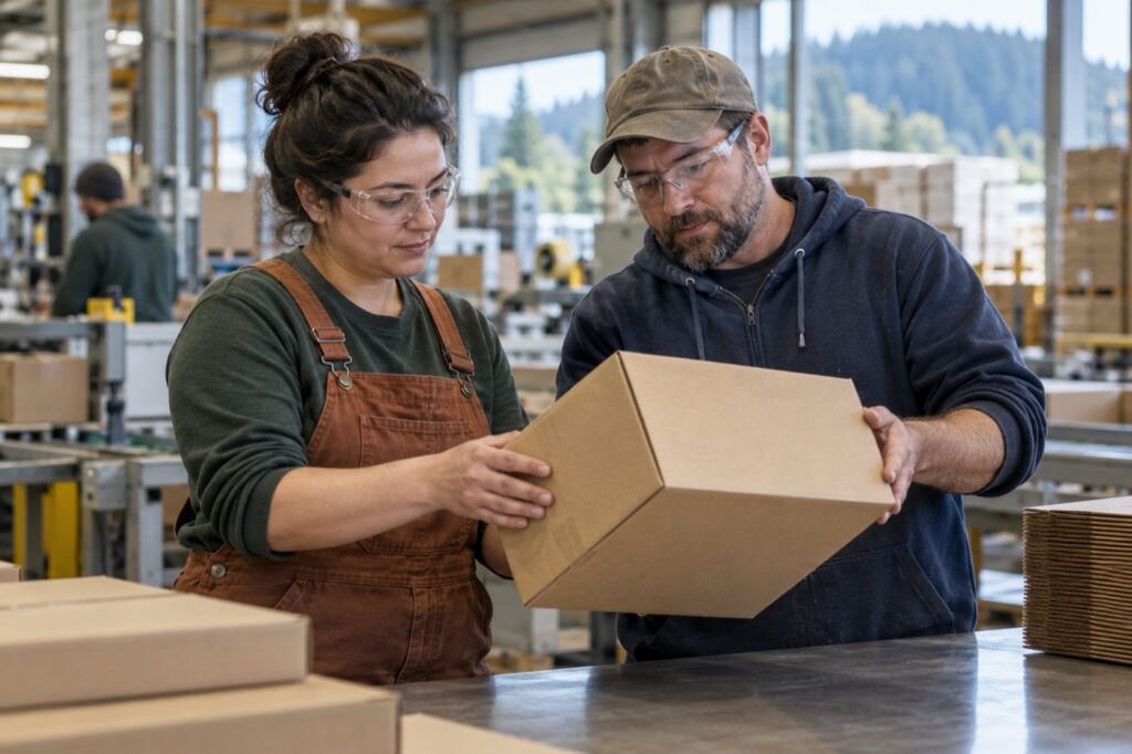Packaging workers inspecting a carton in a fictional production facility.
