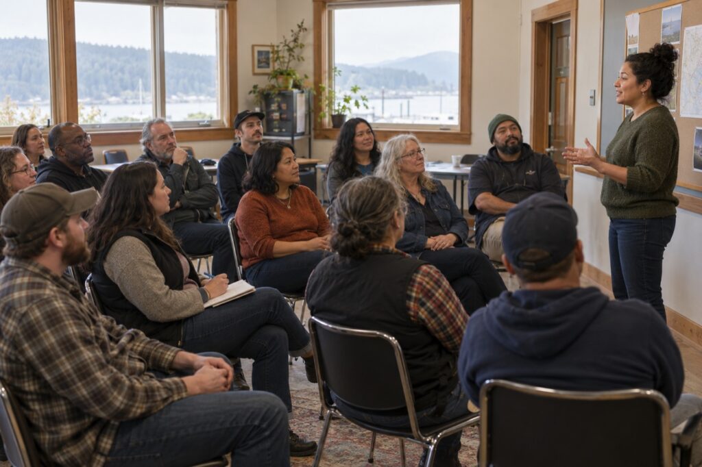Members listening to a speaker at a fictional union meeting.