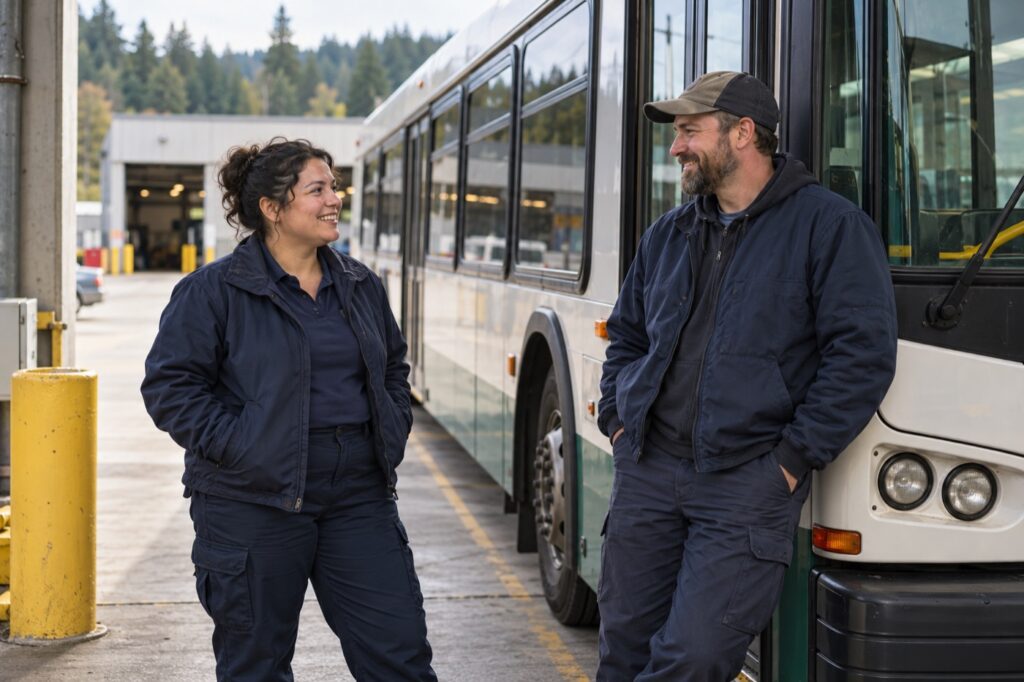 Transit workers talking beside a parked bus at a fictional depot.