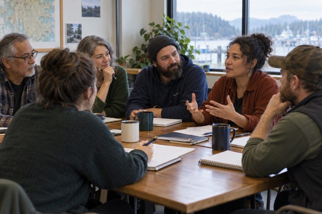 Participants sharing ideas around a table at a fictional steward workshop.
